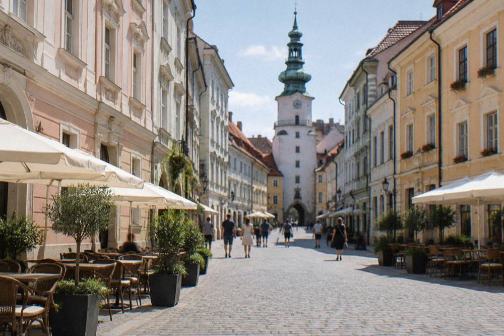 Cobbled square in the Bratislava Old Town with coloured historic buildings and outdoor cafe tables