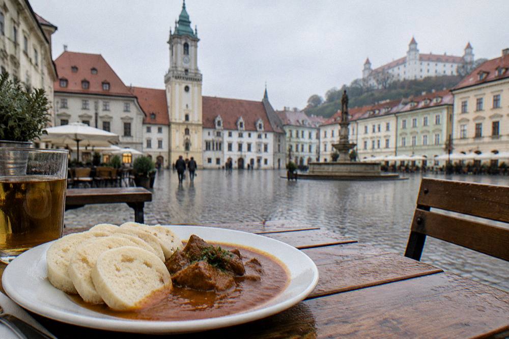 Slovak lunch plate with dumplings and stew served on a wooden table in a Bratislava restaurant