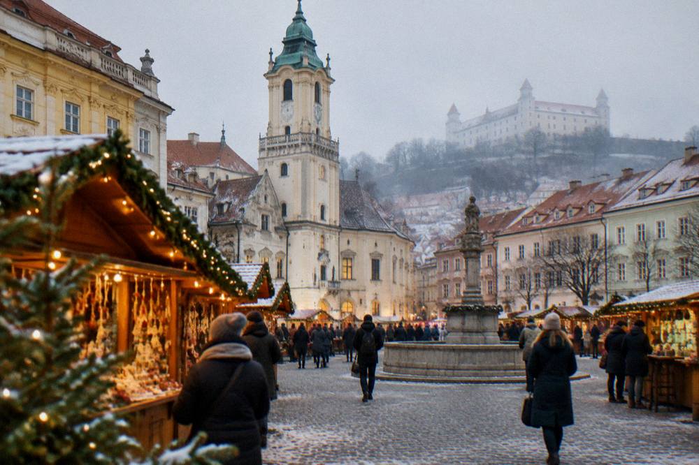 Christmas market stalls with warm lights on a Bratislava square in the evening