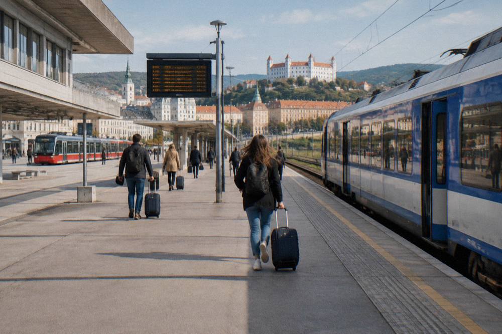 A regional train standing at a station platform beside a departures board