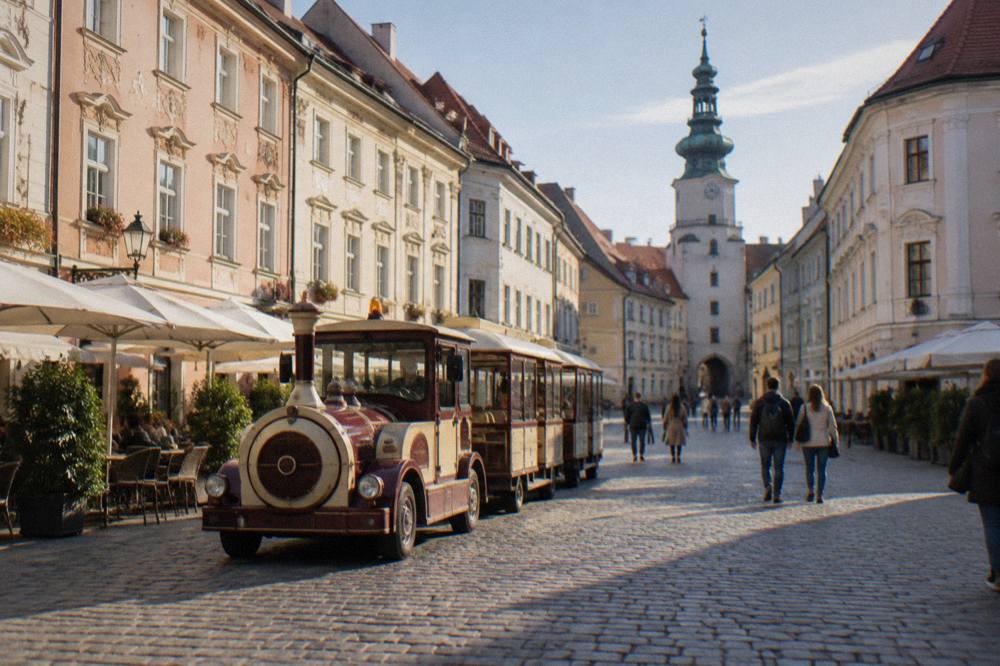 Presporacik sightseeing vehicle and pedestrians on a cobbled square in Bratislava Old Town