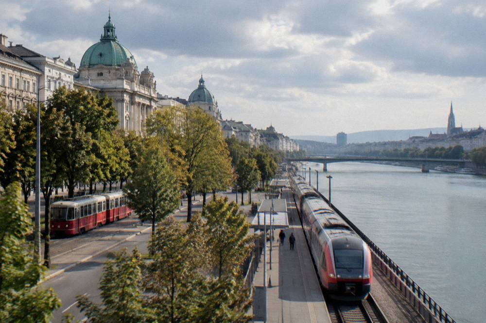Austrian rail train at a platform beside the Danube on the Vienna to Bratislava line