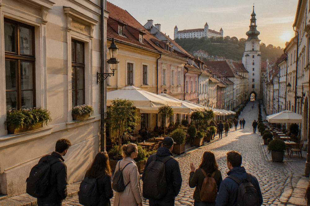 Walking tour group gathered in a narrow street of Bratislava Old Town
