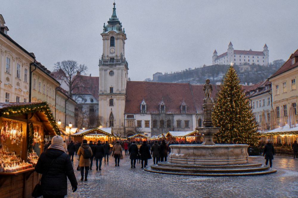 Bratislava Christmas market stalls and illuminated tree on the main square at dusk