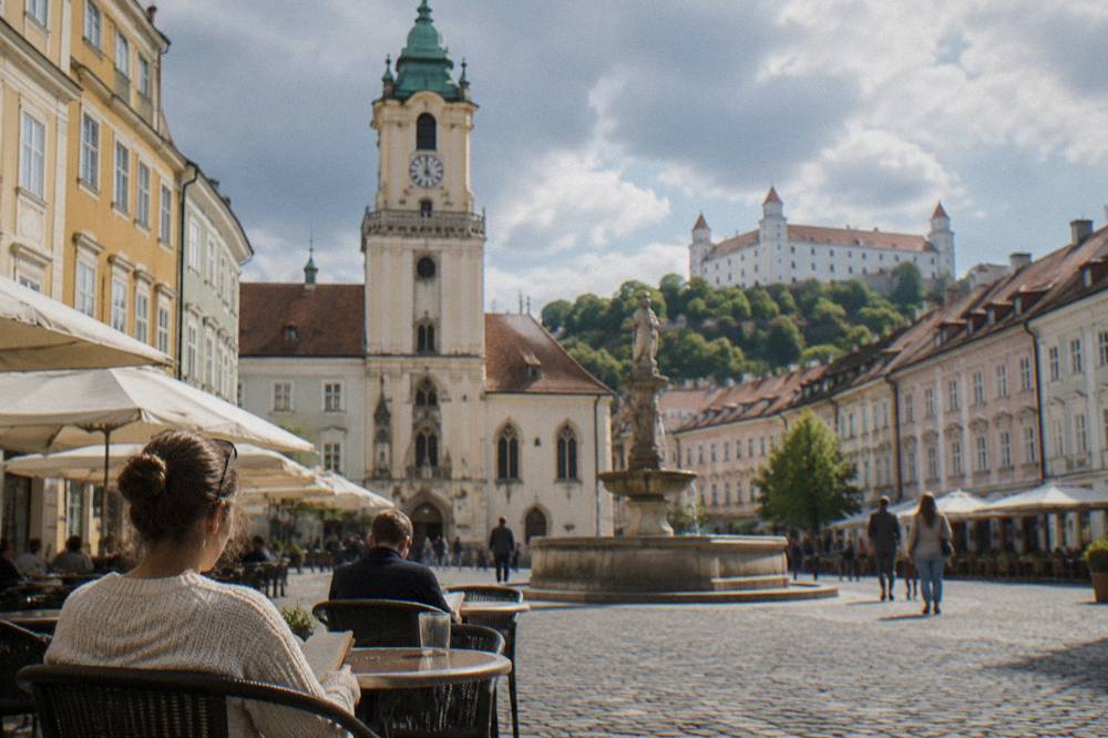 Travellers reading a map at a viewpoint above the Danube in Bratislava