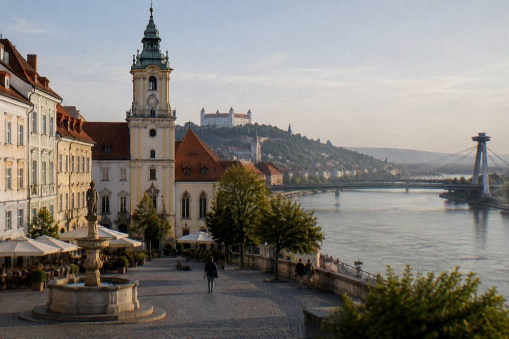Evening light on the Danube bridges of Bratislava seen from the riverbank