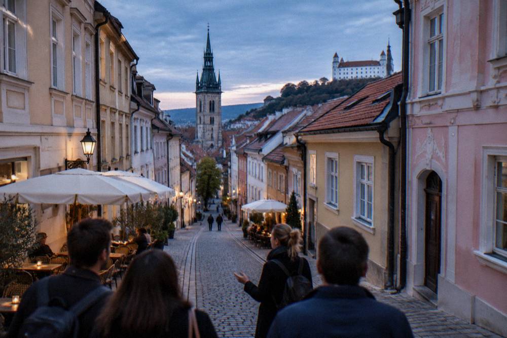 A local guide leading a small group down a narrow Old Town street between coloured townhouses