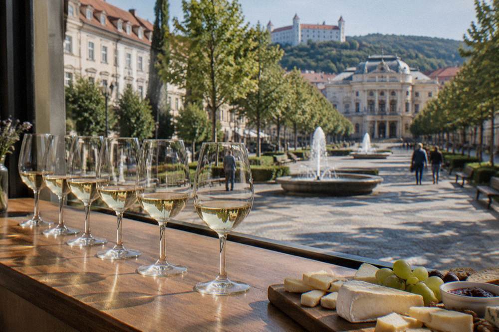 Glasses of pale white Slovak wine lined up on a tasting room counter beside a cheese board