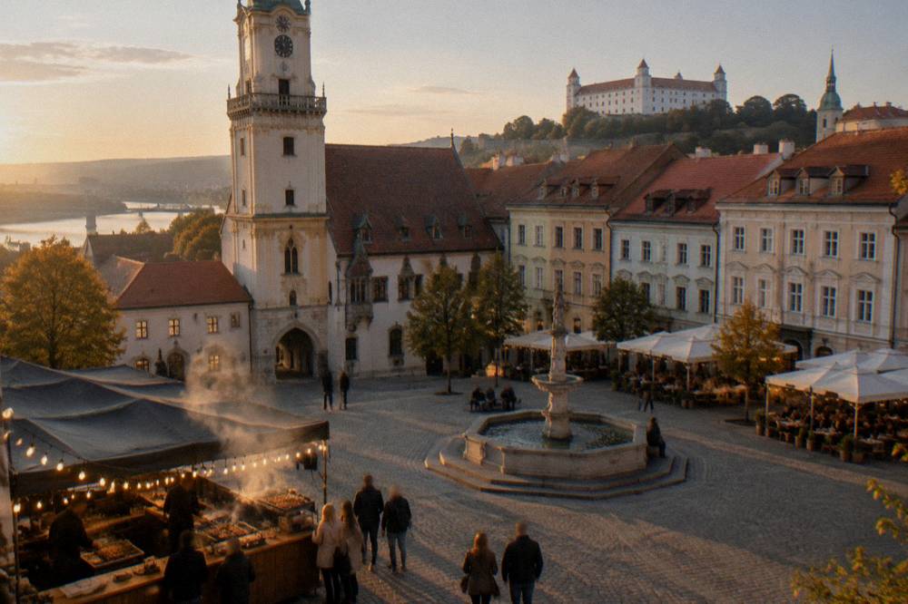 An evening food stall on a Bratislava square with steam rising from a grill under string lights