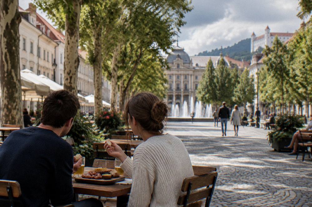 A couple sharing a wooden board of sausages, mustard and bread at an outdoor table in an old square