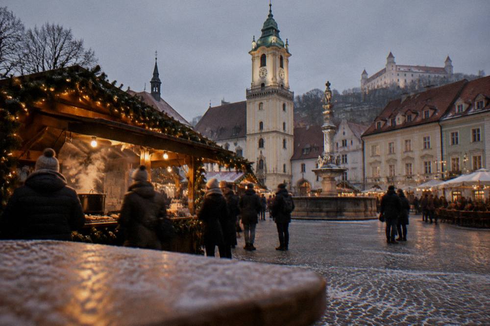 A night view of a lit Christmas market stall serving mulled wine and grilled food on a Bratislava square
