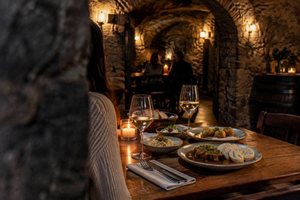A tasting table with small plates of Slovak dishes and two glasses of white wine in a candlelit Old Town cellar