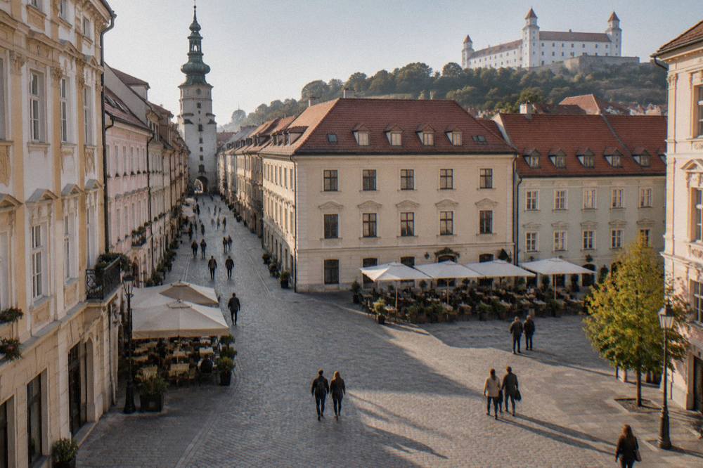 Visitors standing on Hlavné námestie, the Main Square in Bratislava's Old Town