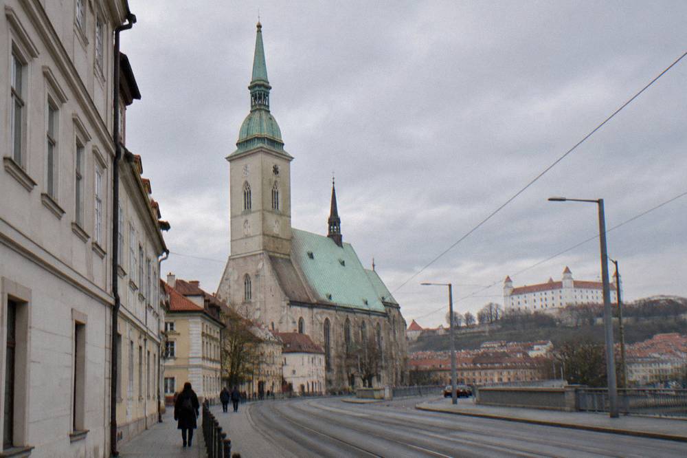 The twin-spired St Martin's Cathedral in Bratislava seen from a neighbouring street
