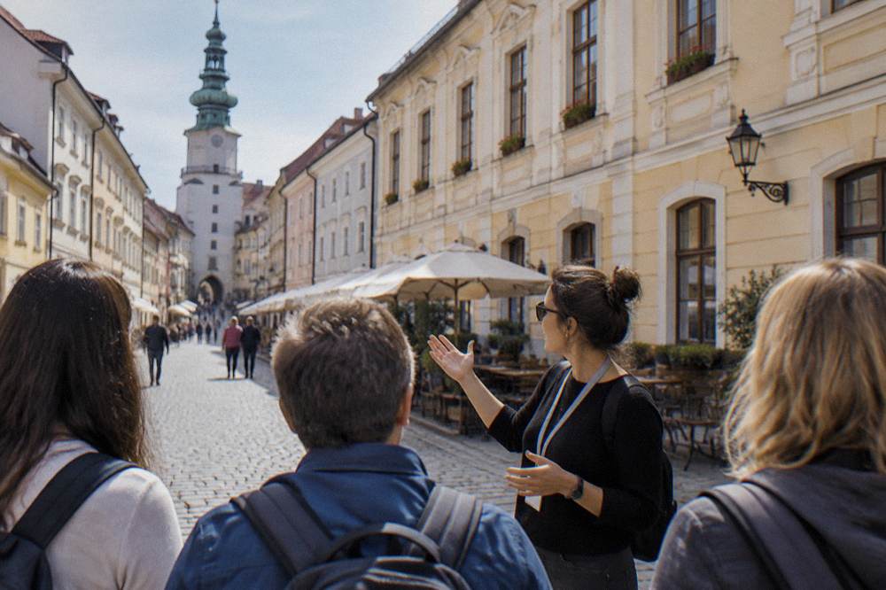 A walking guide speaking to a small group in a Bratislava Old Town square