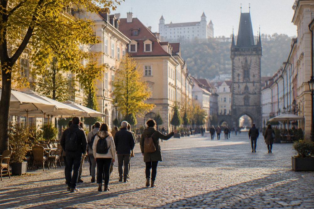 A guide leading a walking group across an Old Town square in autumn light