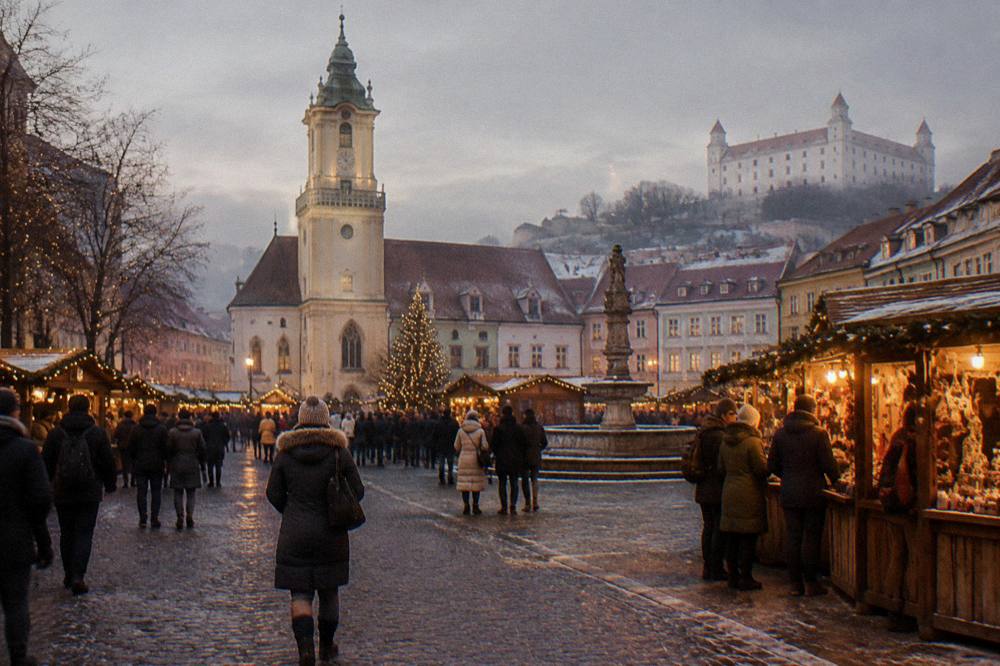 A winter evening on a Bratislava square with a lit Christmas market and a crowd browsing stalls