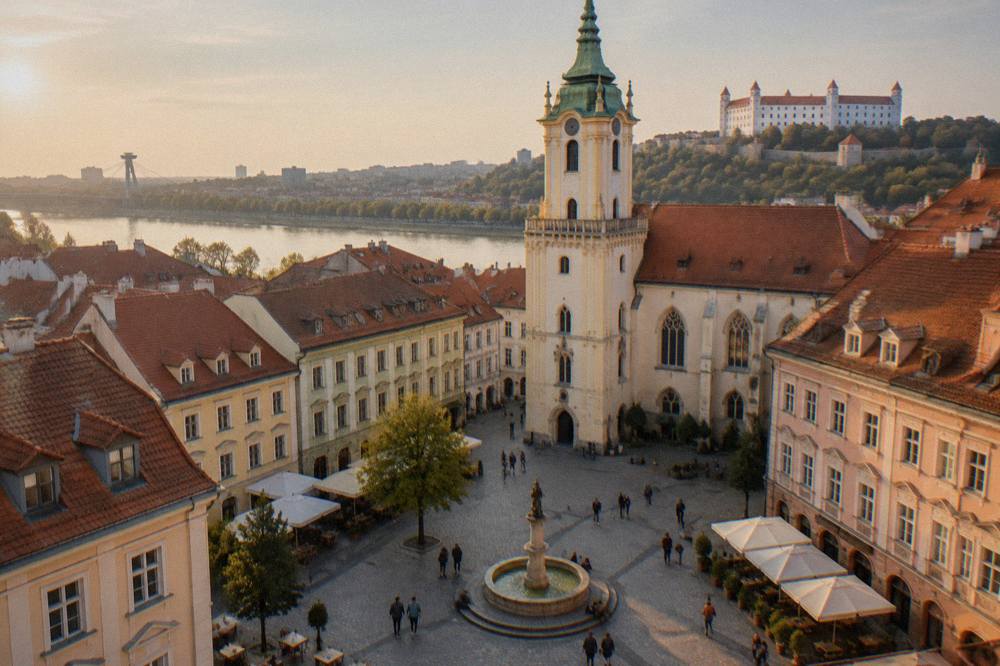 A couple studying a paper map beside a fountain on a sunny Bratislava square