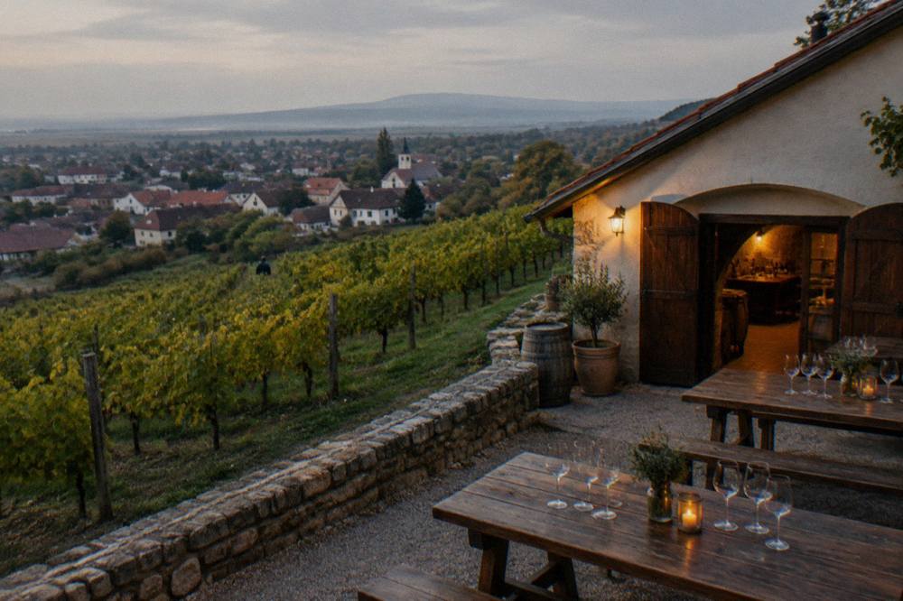 A cellar door with wooden tables and wine glasses ready for a tasting