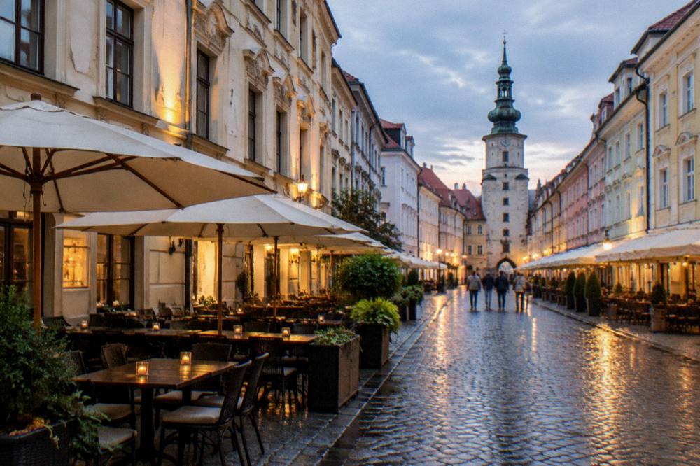 An evening square with cafe tables and lit facades in Bratislava Old Town