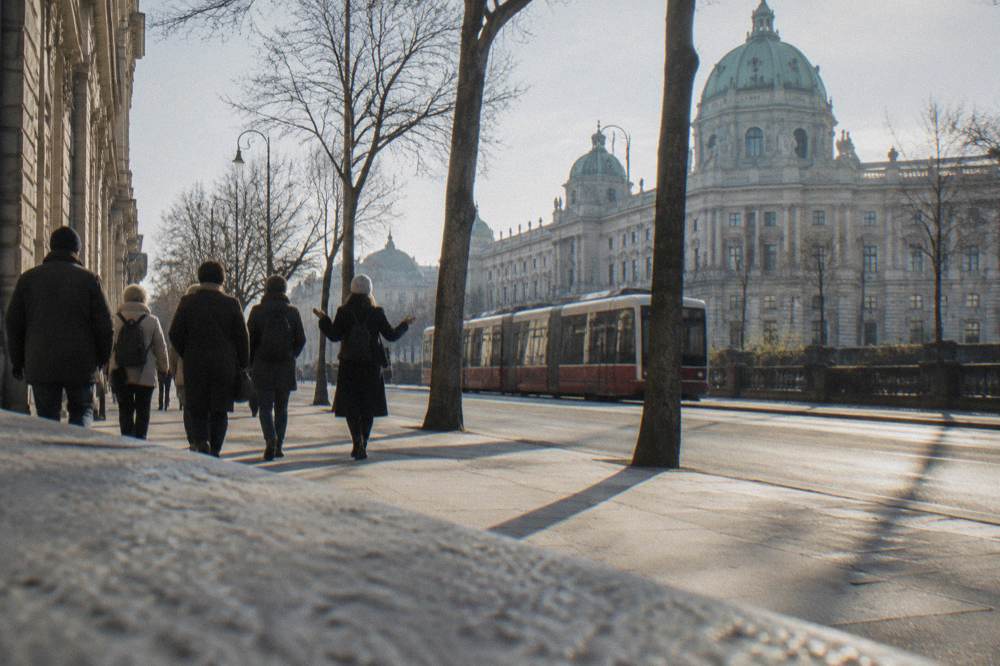 A group of walkers with a guide on a European city street in morning light
